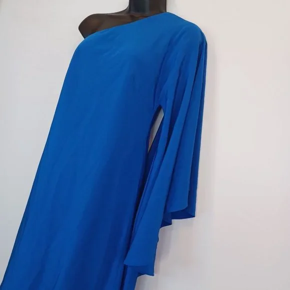 NICOLE MILLER 0 Blue One Shoulder Waterfall Sleeve Dress Lined Special Occasion - Picture 5 of 15